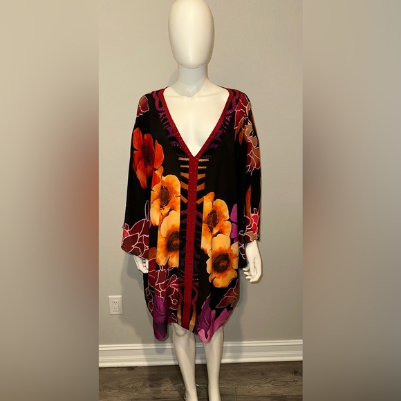 CAMILLA “Midnight Poppy” black floral silk short boho kimono caftan OS no belt - Picture 5 of 11